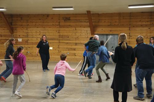 Young and old people all can play double ball together, using individual and team strategies. 